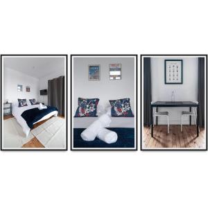four pictures of a bedroom with a bed and a table at Résidence Celestins - Appartements centre avec parking in Vichy