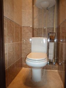 een badkamer met een wit toilet in een betegelde kamer bij 5й Зарічній 44 in Krivoy Rog