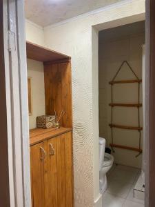 a bathroom with a toilet and a wooden cabinet at Debatoun in Debed