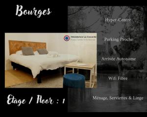 a poster of a bedroom with a bed and a table at Résidence La Cocarde, Suites type Appartements in Bourges