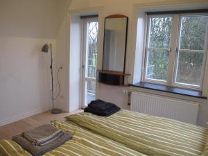 a bedroom with a bed and a mirror and windows at Guesthouse Sharon Apartments in Aarhus