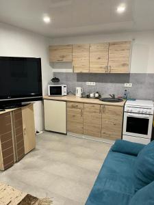 a kitchen with a couch and a tv in a room at Tatiana Feuker in Borgentreich