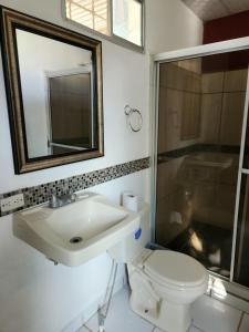 a bathroom with a sink and a toilet and a mirror at Aparta Hotel Palmerola in Comayagua