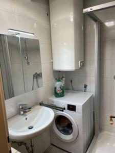 a bathroom with a washing machine and a sink at City Appartement 4600 in Wels