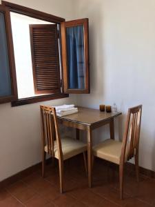 een houten tafel met 2 stoelen en een raam bij Hotel Rid in Mar del Plata