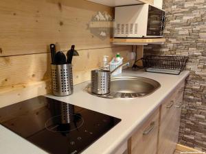a kitchen with a sink and a microwave at Janulkowe Domki in Zakopane