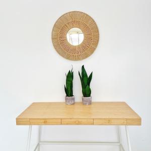 un espejo y dos plantas sobre una mesa de madera en Luz Mansion ~ Lux & Comfy en Rishon LeẔiyyon