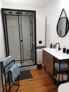 a bathroom with a shower and a sink and a mirror at sas Road Runner Café in Égliseneuve-dʼEntraigues