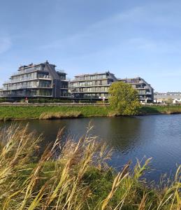 ein Fluss mit Gebäuden im Hintergrund mit hoher Grasfläche in der Unterkunft Waterfront Nieuwpoort in Nieuwpoort