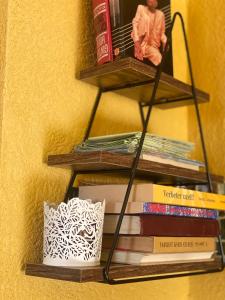een boekenplank met boeken en een stapel boeken bij Vila Vanilla 