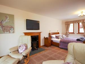 een woonkamer met een bed en een tv aan de muur bij Skye Fall in Letterfinlay