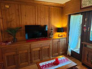 a living room with a television on a wooden wall at Hometoday - Appartamento nel cuore di San Vito di Cadore in San Vito di Cadore