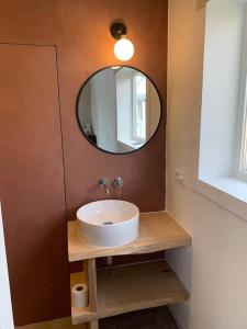 een badkamer met een wastafel en een spiegel bij Guest room with terrace at the Wadden Sea in Oosterend
