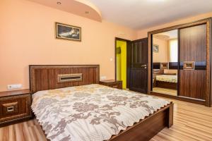 - une chambre avec un lit et un grand miroir dans l'établissement Mariana Apartment, à Pavel Banya