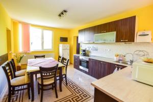 eine Küche mit einem Tisch und Stühlen im Zimmer in der Unterkunft Mariana Apartment in Pavel Banya