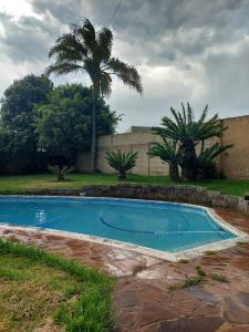 a swimming pool in a yard with two palm trees at Diamonds on 2 Patricia Place in King Williamʼs Town