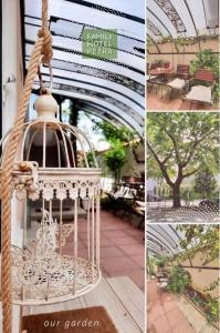 un collage de quatre photos d'une cage pour oiseaux dans l'établissement Petra Hotel, à Petrich