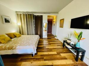 Un dormitorio con una cama y un televisor de pantalla plana. en Studio Hina - Cosy, Quiet & Pool, en Papeete