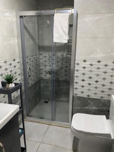 La salle de bains est pourvue d'une douche, de toilettes et d'un lavabo. dans l'établissement Nur-Ella House, à Burunabat