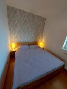 a bedroom with a large bed with two lamps at Apartment SKI-BIKE-HIKE, Vyšné Ružbachy in Vyšné Ružbachy
