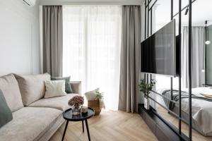 #1 OLIVE Apartment City Center FREE GARAGE في كراكوف: غرفة معيشة مع أريكة وتلفزيون