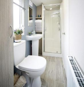 een badkamer met een toilet, een wastafel en een douche bij Percy Wood Getaway Hot Tub in Swarland