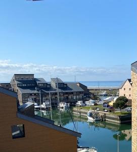 een jachthaven met boten in het water en gebouwen bij NOUVEAU Charme et vue mer in Deauville