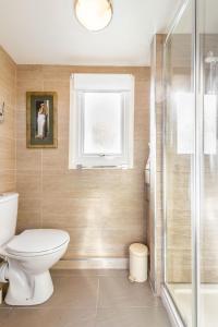 a bathroom with a toilet and a shower at The Bee's Knees in Mundesley