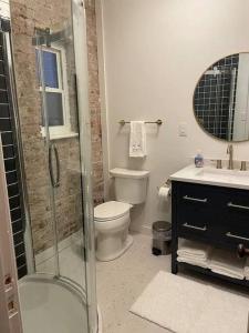 ein Bad mit einer Dusche, einem WC und einem Waschbecken in der Unterkunft Brick Street Apartment-Studio Suite in Augusta
