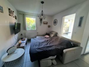 1 dormitorio con cama, sofá y mesa en Joli Appartement vue montagne, cosy avec jardin, en Bonneville