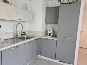 kuchnia z białymi szafkami i zlewem w obiekcie Joli Appartement vue montagne, cosy avec jardin w mieście Bonneville +9 zdjęć