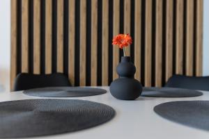 een zwarte vaas met een rode bloem erin op een tafel bij Apartament przy PILECKIEGO 34 in Biała Podlaska