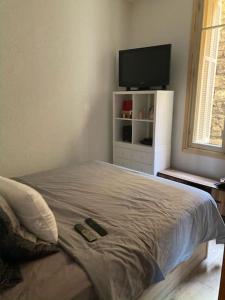 Schlafzimmer mit einem Bett und einem Flachbild-TV in der Unterkunft Cosy flat next Casino in Monaco in Beausoleil