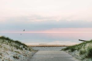 un camino de madera a una playa con el océano en Anikas Ferienwohnung 1, en Wustrow