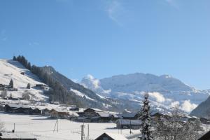 ein schneebedecktes Dorf mit einem Berg im Hintergrund in der Unterkunft Hotel & Restaurant Diana in Grodoey