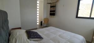 a bedroom with a white bed and a window at Casa Puclaro, terraza panorámica Valle del Elqui in Vicuña