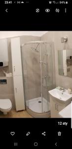 een badkamer met een douche, een toilet en een wastafel bij Komfortowy apartament w centrum Nowego Sącza in Nowy Sącz