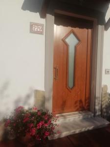 a wooden door with a potted plant in front of it at Villetta a schiera nei pressi del mare in Livorno