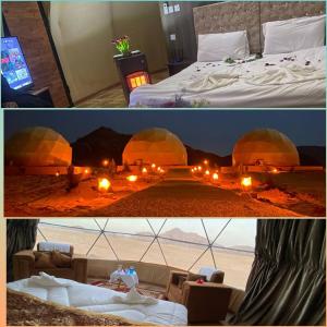 two pictures of a hotel room with a bed and a television at Warm bubbles Wadi Rum in Wadi Rum