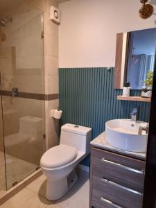 y baño con aseo, lavabo y ducha. en Un confortable hogar en el corazón de la CDMX., en Ciudad de México