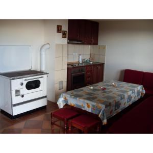a kitchen with a stove and a table with chairs at Vikendica Kop in Kopaonik