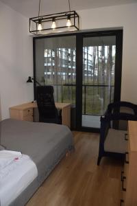 1 dormitorio con cama, escritorio y ventana en Apartament Sosnowy Shellter Rogowo en Rogowo