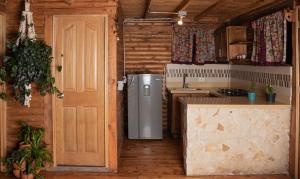eine Küche mit einem Kühlschrank neben einer Tür in der Unterkunft Mi lugar secreto in Medellín