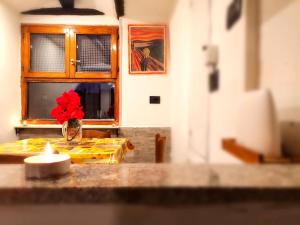 un mostrador de cocina con un jarrón con una flor roja en Kintsugi Loft en Turín