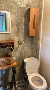 a bathroom with a toilet and a wooden cabinet at Arcoiris Casahostal in San Bernardo del Viento