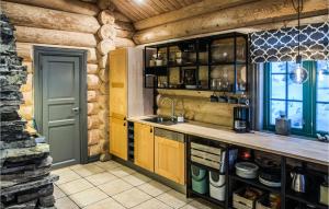 a kitchen with wooden walls and a counter with a sink at Nice Home In Rendalen With Sauna And 4 Bedrooms in Rendalen