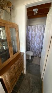 La salle de bains est pourvue de toilettes et d'une armoire en bois. dans l'établissement Casa Linda vista, à Curanipe