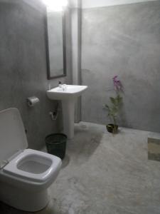 La salle de bains est pourvue de toilettes blanches et d'un lavabo. dans l'établissement Coconut Island Yala, à Tissamaharama