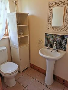 a bathroom with a white toilet and a sink at Comfortably Crolly Holiday Home in Letterkenny