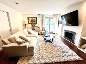 a living room with a couch and a fireplace at Cozy Private Condo near Hall of Fame in Hollywood in Los Angeles